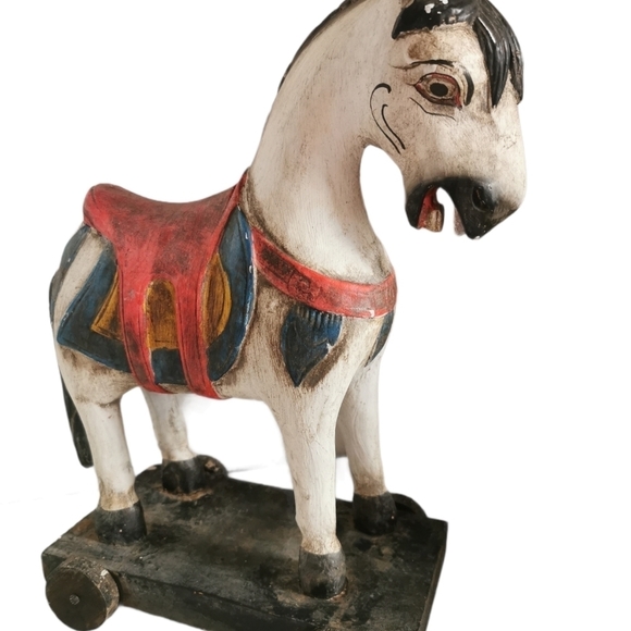 ANTIQUE wooden Pull Toy Horse Wood Wheels Farmhouse primitive folk Art. - Picture 2 of 6